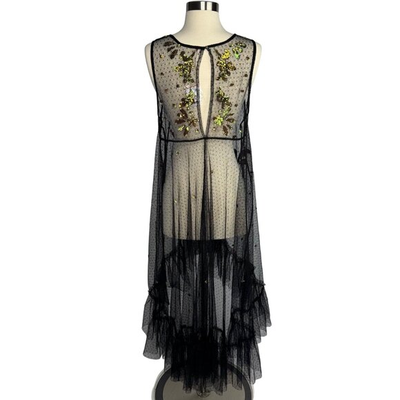 NWT Free People Black Sheer Ruffled Hem‎ Dress Green Gold Sequence Whimsigoth - Picture 7 of 12